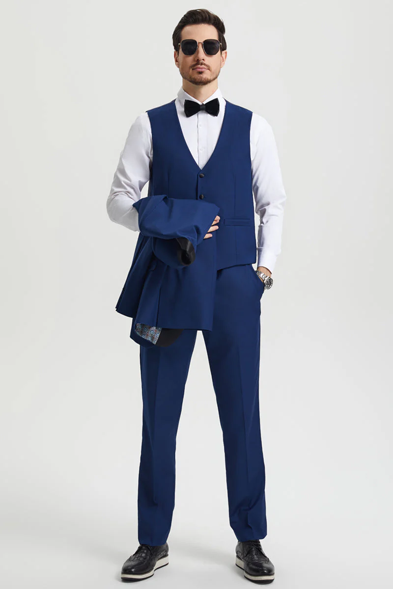 Men's Stacy Adams Vested One Button Shawl Lapel Designer Tuxedo in Indigo Blue - Image 3