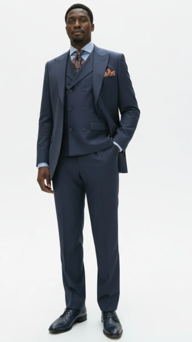 Mens Suit With Pleated Pants - Semi Wide Leg 100% Wool Super 150's Big Peak Lapel Classic Fit Athletic Cut With Double breasted Vest in Dusty Blue - Image 2