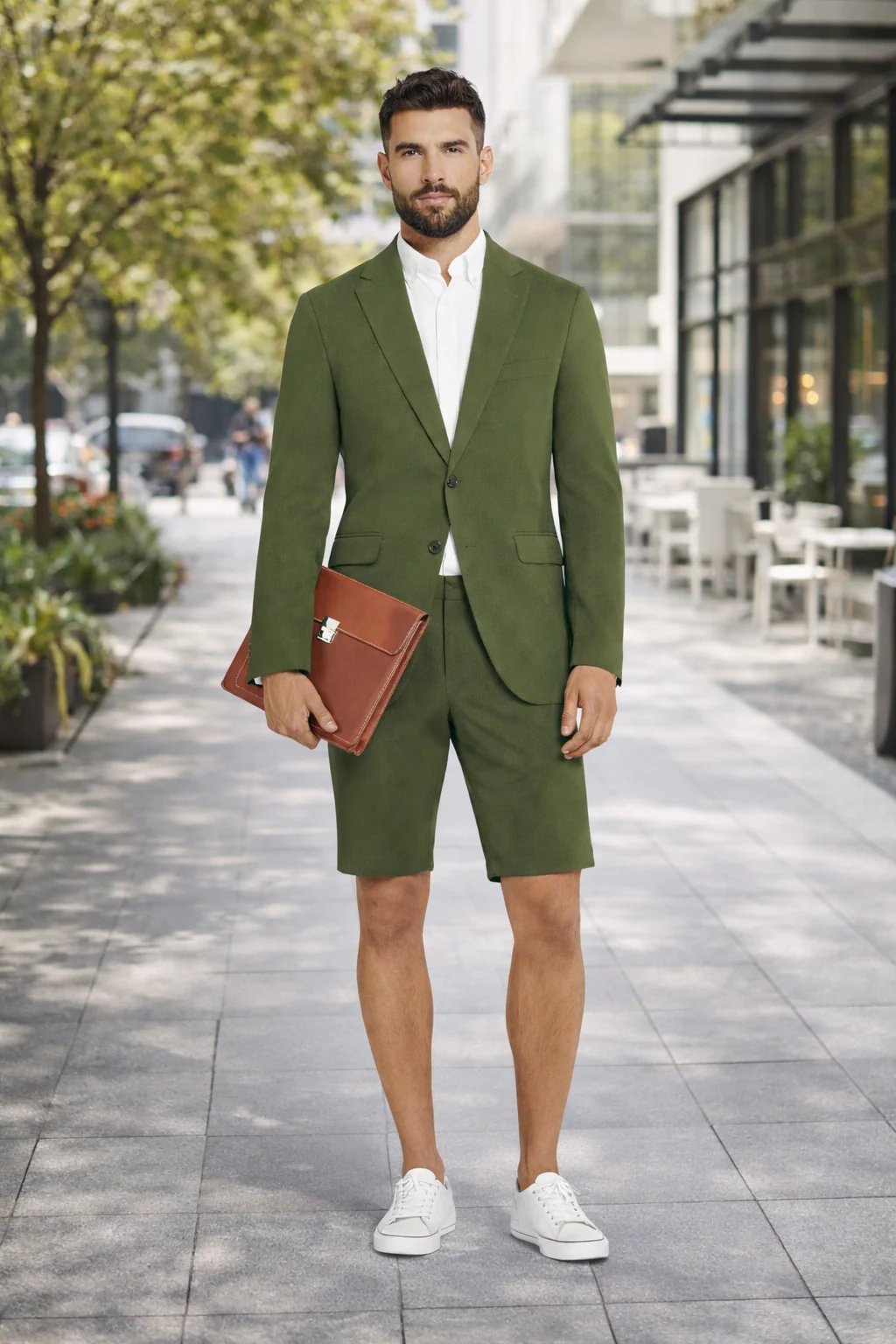 Men's summer business suits with shorts pants set (sport coat Looking) Olive - Image 4