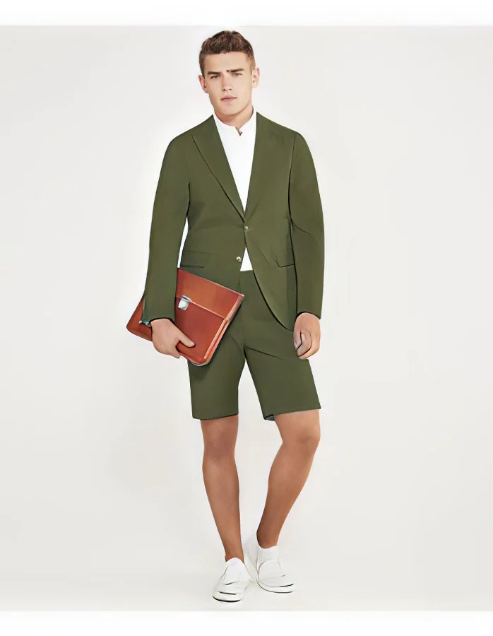 Men's summer business suits with shorts pants set (sport coat Looking) Olive - Image 8