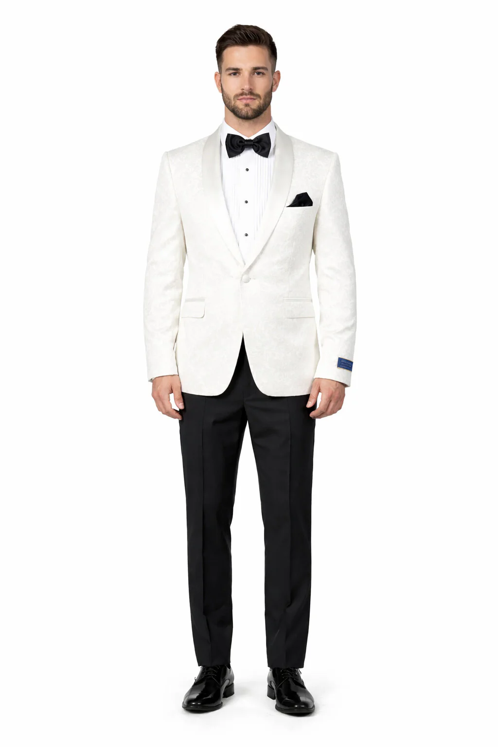 Men's Super 150's Viscose Blend 1 Button White Tuxedo Floral Pattern Dinner Jacket
