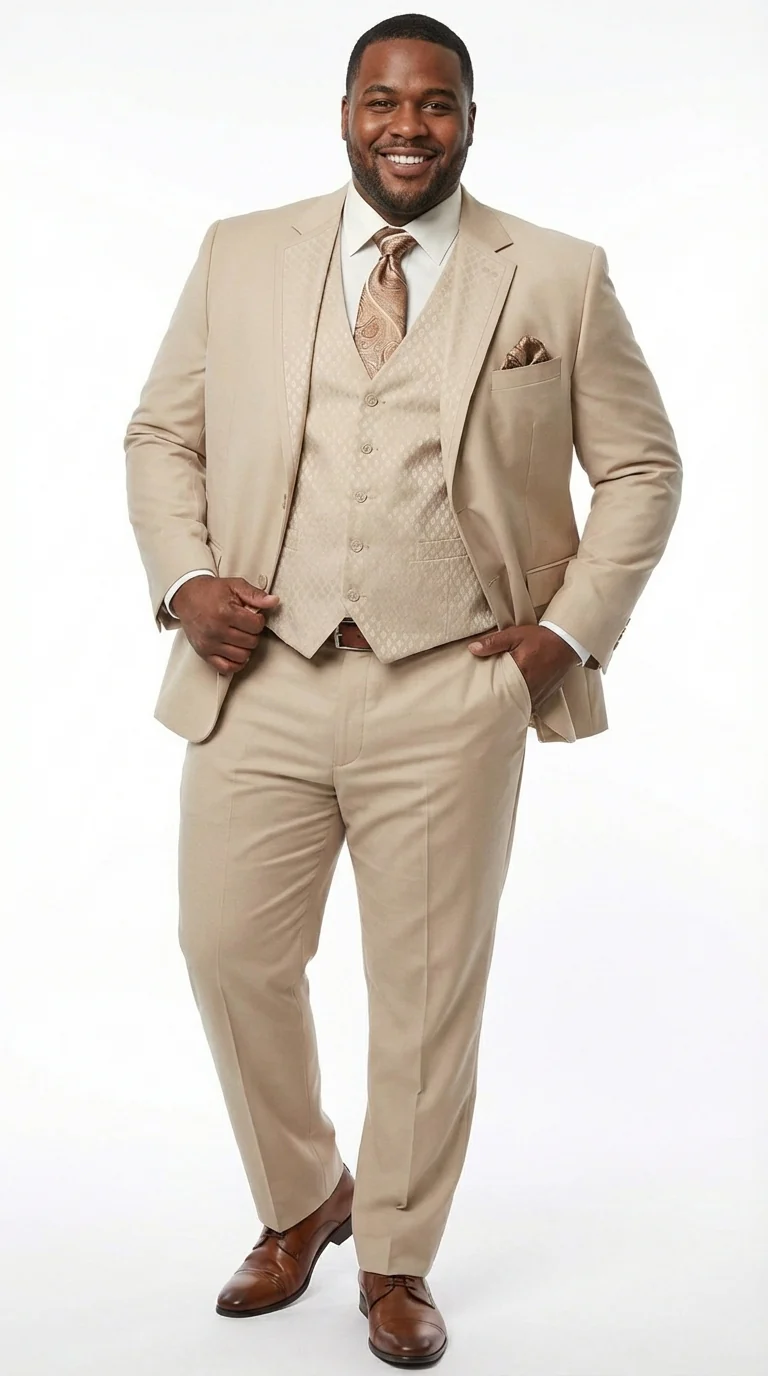 Men’s Tan Beige 3 Piece Tuxedo Suit – Beige Formal Suit Set with Vest, Patterned Lapel and Tie for Wedding, Prom in Tan Khaki Color - Image 12
