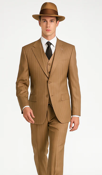 Mens Tan Pinstripe Zoot Suit β 1920s Gangster Vintage 3-Piece Suit with Wide-Leg Pants - Image 3