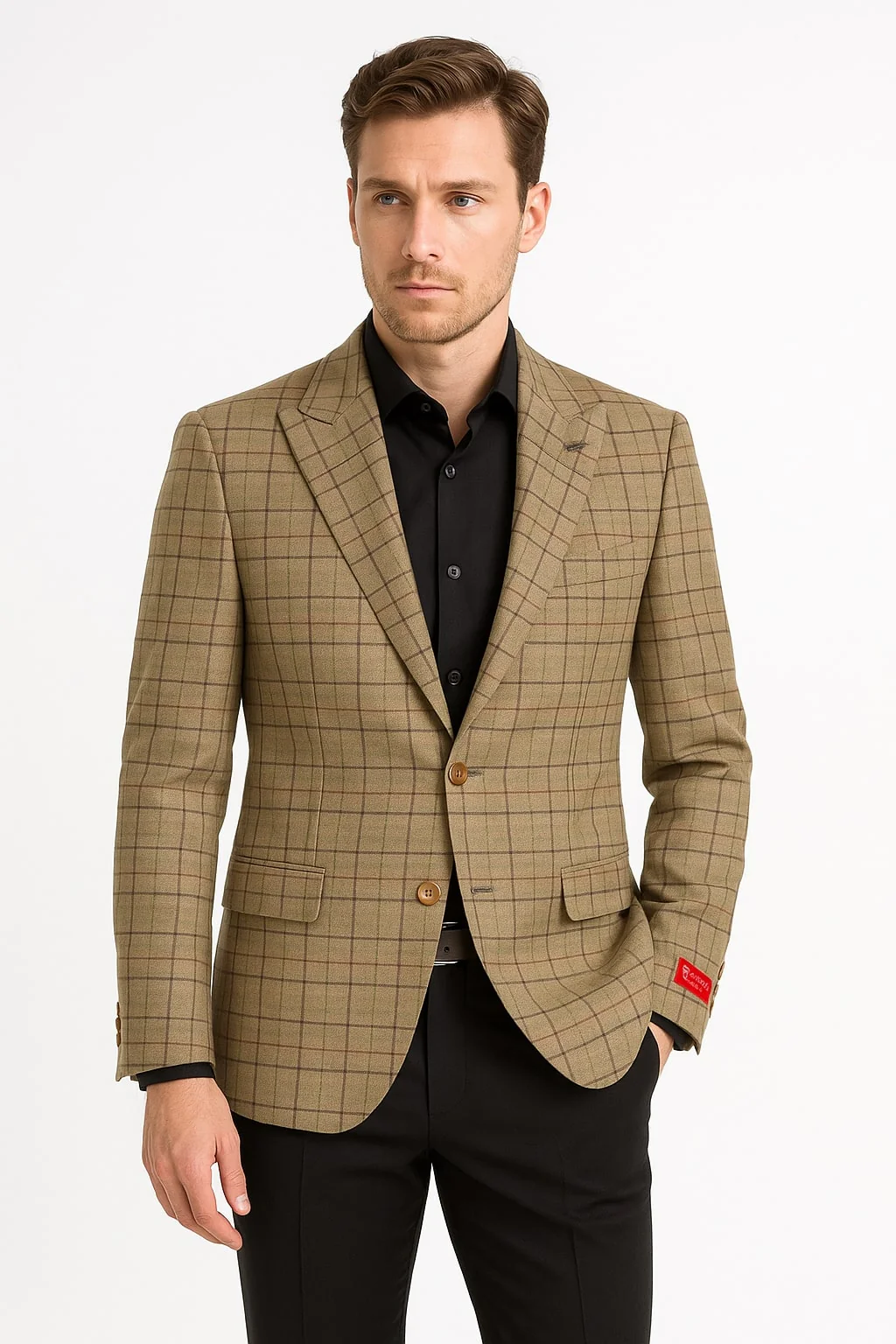 Men's Tan Plaid Blazer – Windowpane Checkered Taupe Colar with Conservative burgunsih Pattern Mix Perfect For Business - Image 2