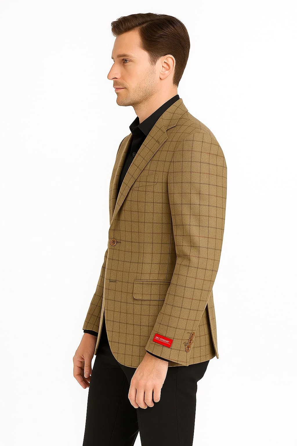 Men's Tan Plaid Blazer – Windowpane Checkered Taupe Colar with Conservative burgunsih Pattern Mix Perfect For Business - Image 4