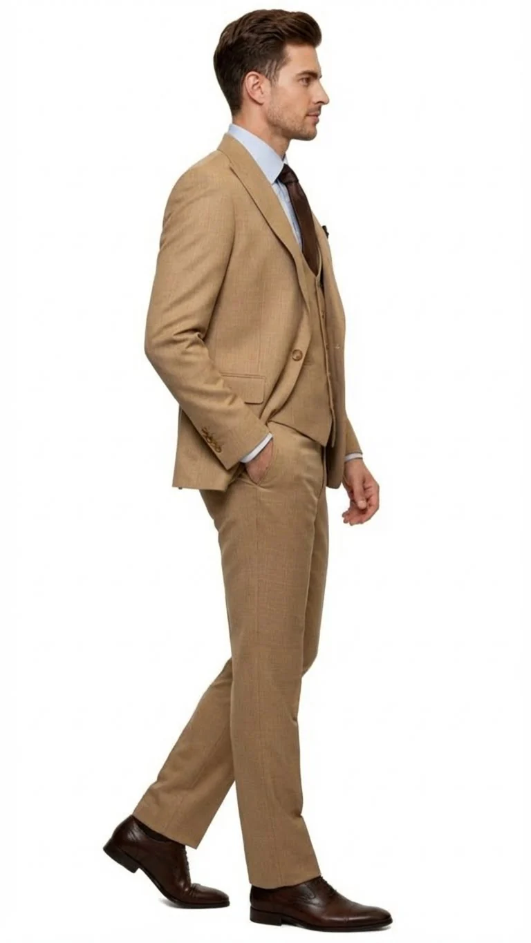 Men's Tan Three-Piece Suit with Vest β Classic Tailored Fit in camel khaki Bronze color By Rossiman - Image 3