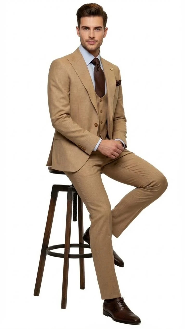 Men's Tan Three-Piece Suit with Vest β Classic Tailored Fit in camel khaki Bronze color By Rossiman - Image 4