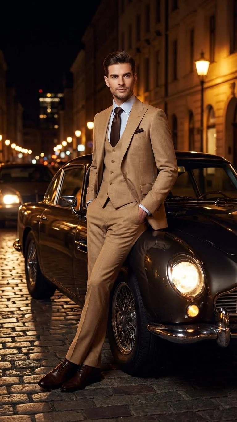 Men's Tan Three-Piece Suit with Vest β Classic Tailored Fit in camel khaki Bronze color By Rossiman - Image 8