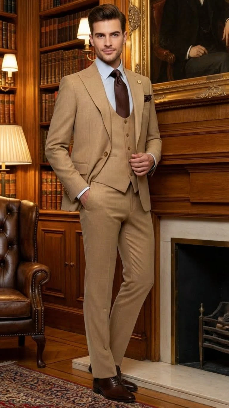 Men's Tan Three-Piece Suit with Vest β Classic Tailored Fit in camel khaki Bronze color By Rossiman - Image 9