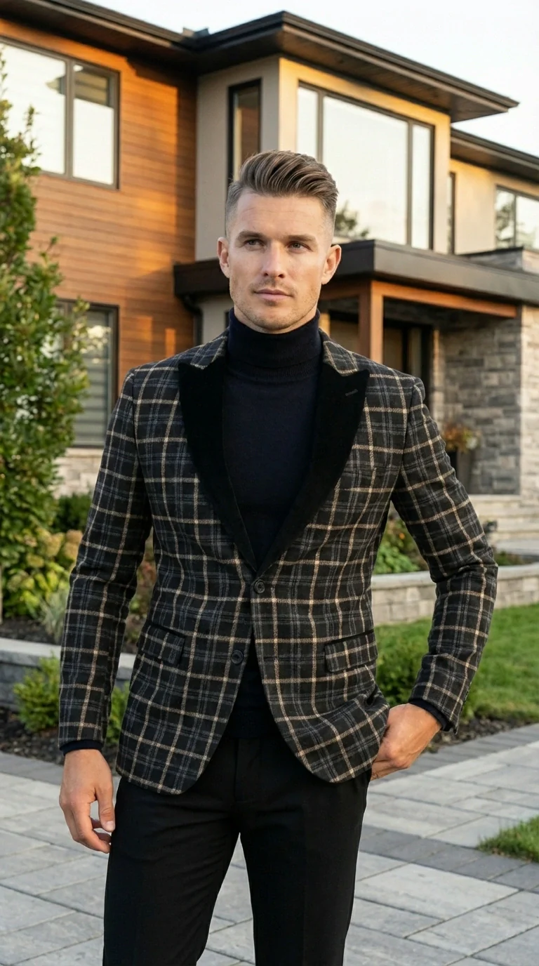 Mens Tartan Black and Gold Check Blazer – Windowpane Plaid Sport Coat Velvet Lapel Formal Party Jacket Chirsitmas New Year Holiday Jacket - Image 11