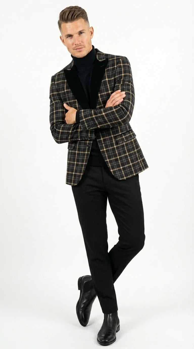 Mens Tartan Black and Gold Check Blazer – Windowpane Plaid Sport Coat Velvet Lapel Formal Party Jacket Chirsitmas New Year Holiday Jacket - Image 7