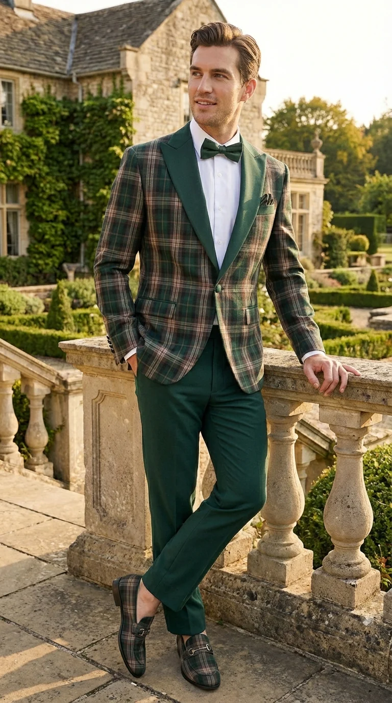 Mens Tartan Green and Brown Blue Plaid Tuxedo Dinner Jacket Set – Checkered Prom Blazer with Dark Green Pants Formal Wedding Party Wear - Image 11