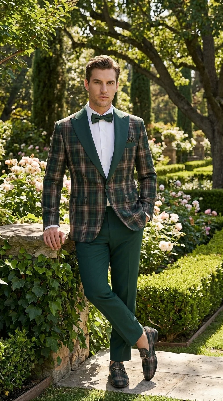 Mens Tartan Green and Brown Blue Plaid Tuxedo Dinner Jacket Set – Checkered Prom Blazer with Dark Green Pants Formal Wedding Party Wear - Image 14