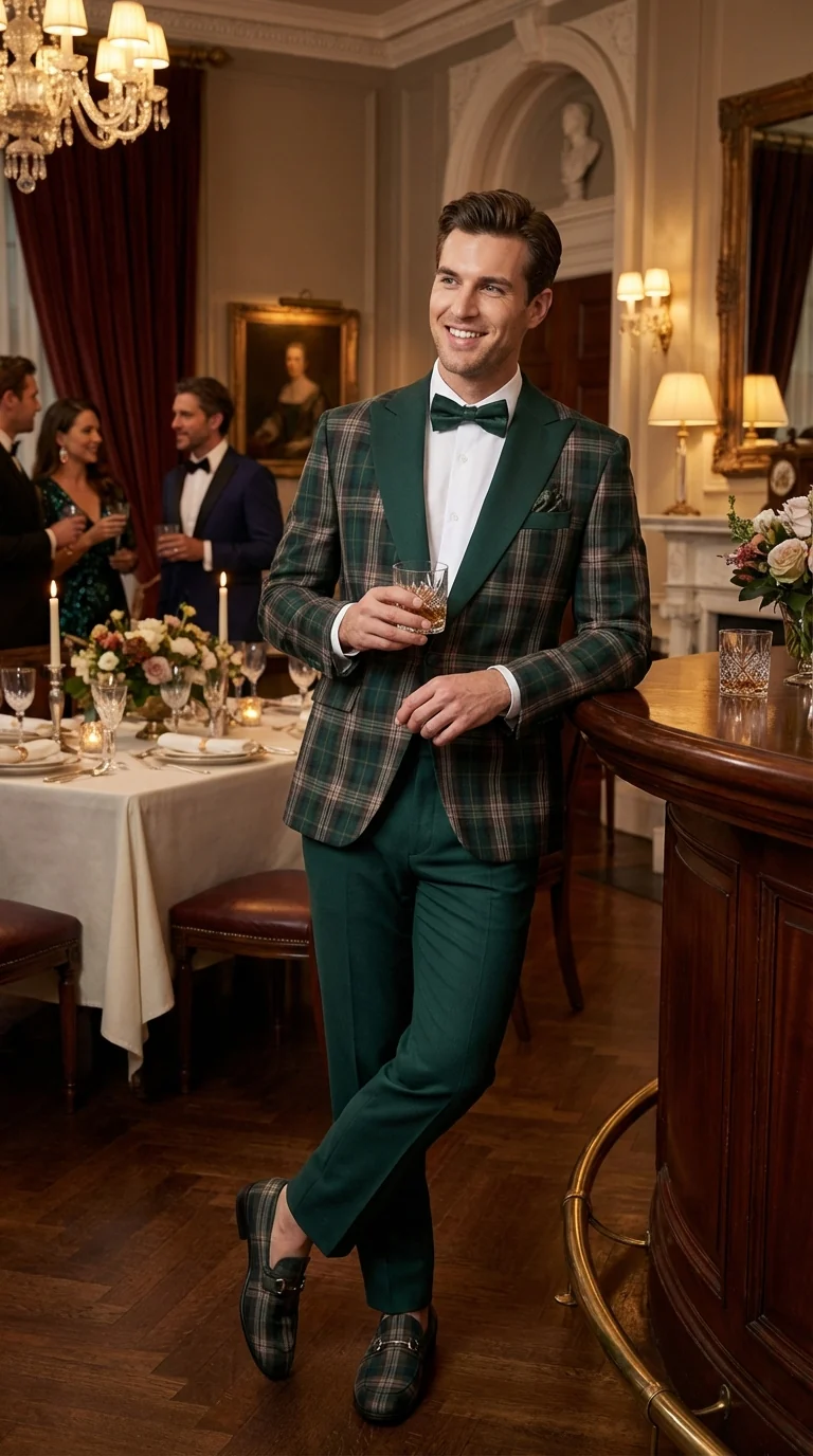 Mens Tartan Green and Brown Blue Plaid Tuxedo Dinner Jacket Set – Checkered Prom Blazer with Dark Green Pants Formal Wedding Party Wear - Image 8