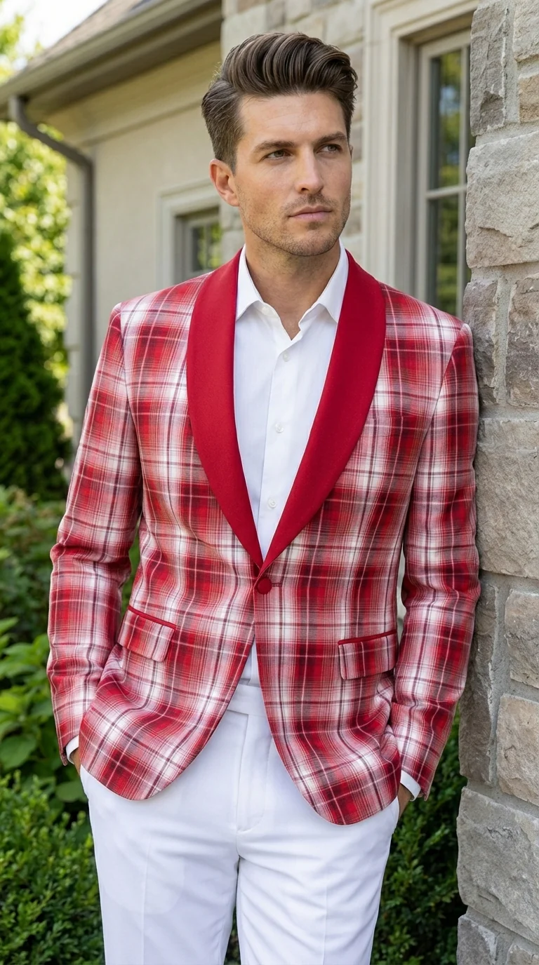 Mens Tartan Red and White Plaid Blazer – Check Pattern Sport Coat Red Shawl Lapel Party Christmas Holiday New Year - Image 10