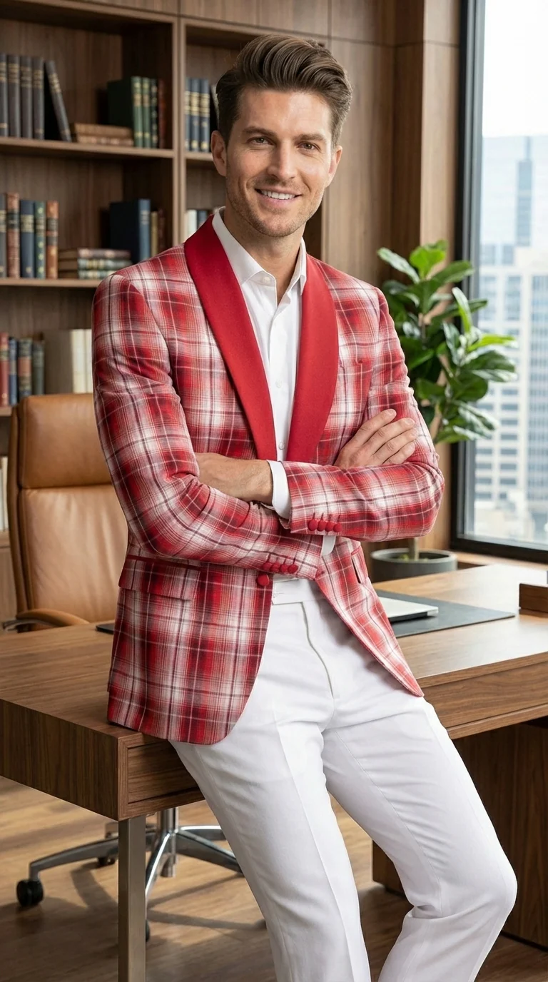 Mens Tartan Red and White Plaid Blazer – Check Pattern Sport Coat Red Shawl Lapel Party Christmas Holiday New Year - Image 13