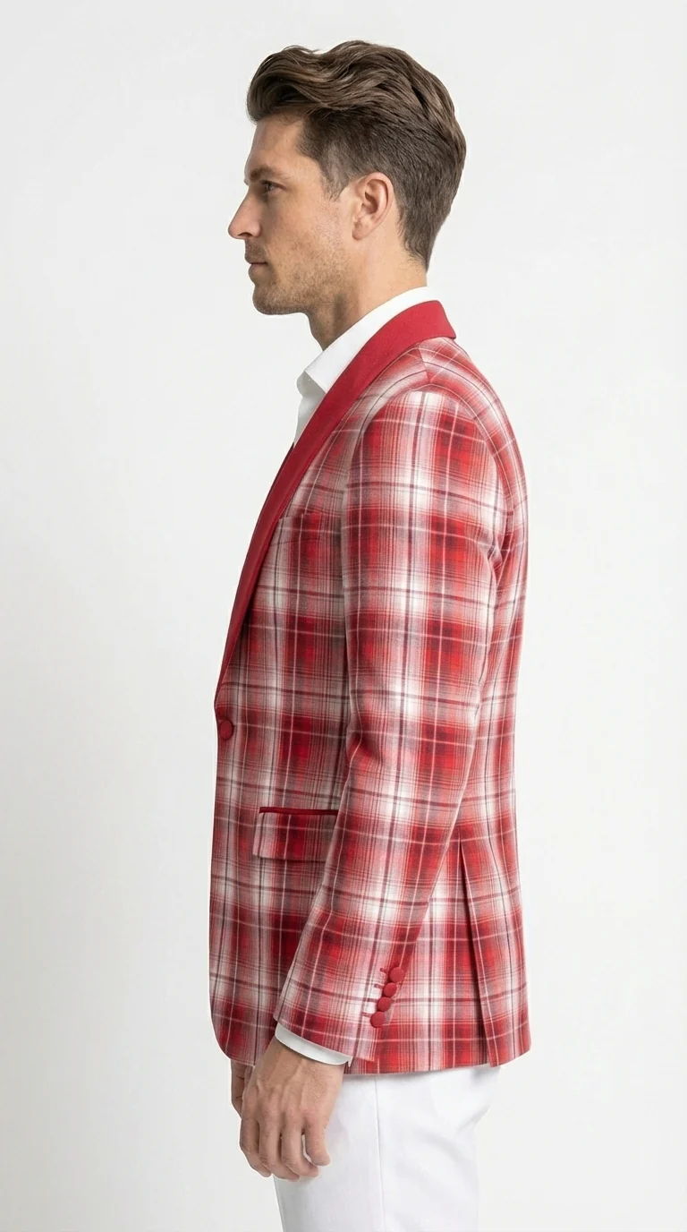 Mens Tartan Red and White Plaid Blazer – Check Pattern Sport Coat Red Shawl Lapel Party Christmas Holiday New Year - Image 3