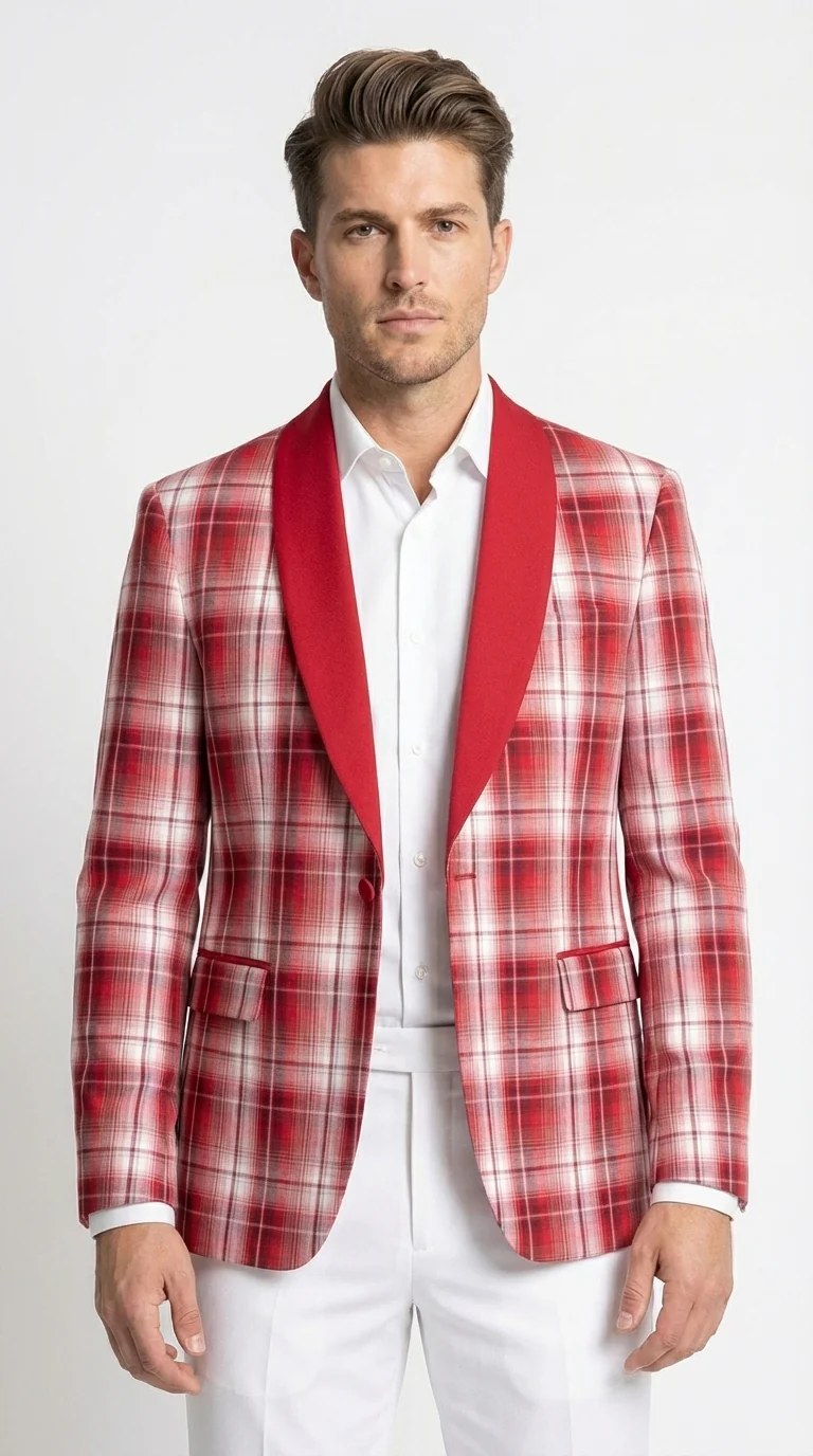 Mens Tartan Red and White Plaid Blazer – Check Pattern Sport Coat Red Shawl Lapel Party Christmas Holiday New Year - Image 4