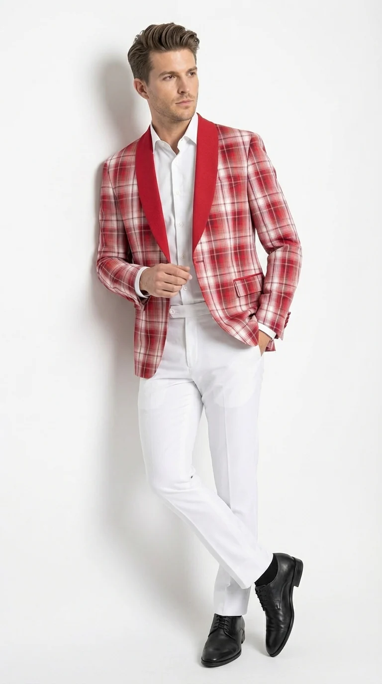 Mens Tartan Red and White Plaid Blazer – Check Pattern Sport Coat Red Shawl Lapel Party Christmas Holiday New Year - Image 5