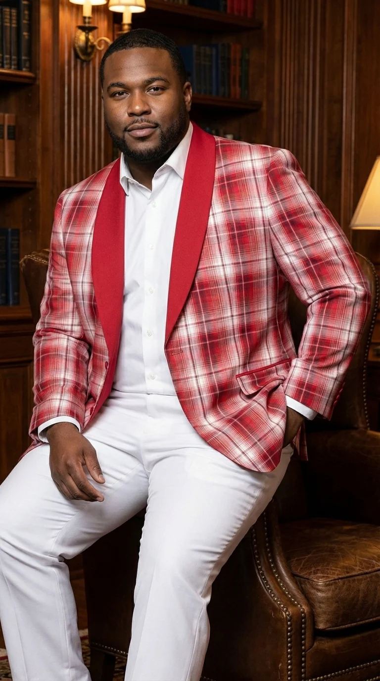 Mens Tartan Red and White Plaid Blazer – Check Pattern Sport Coat Red Shawl Lapel Party Christmas Holiday New Year - Image 7