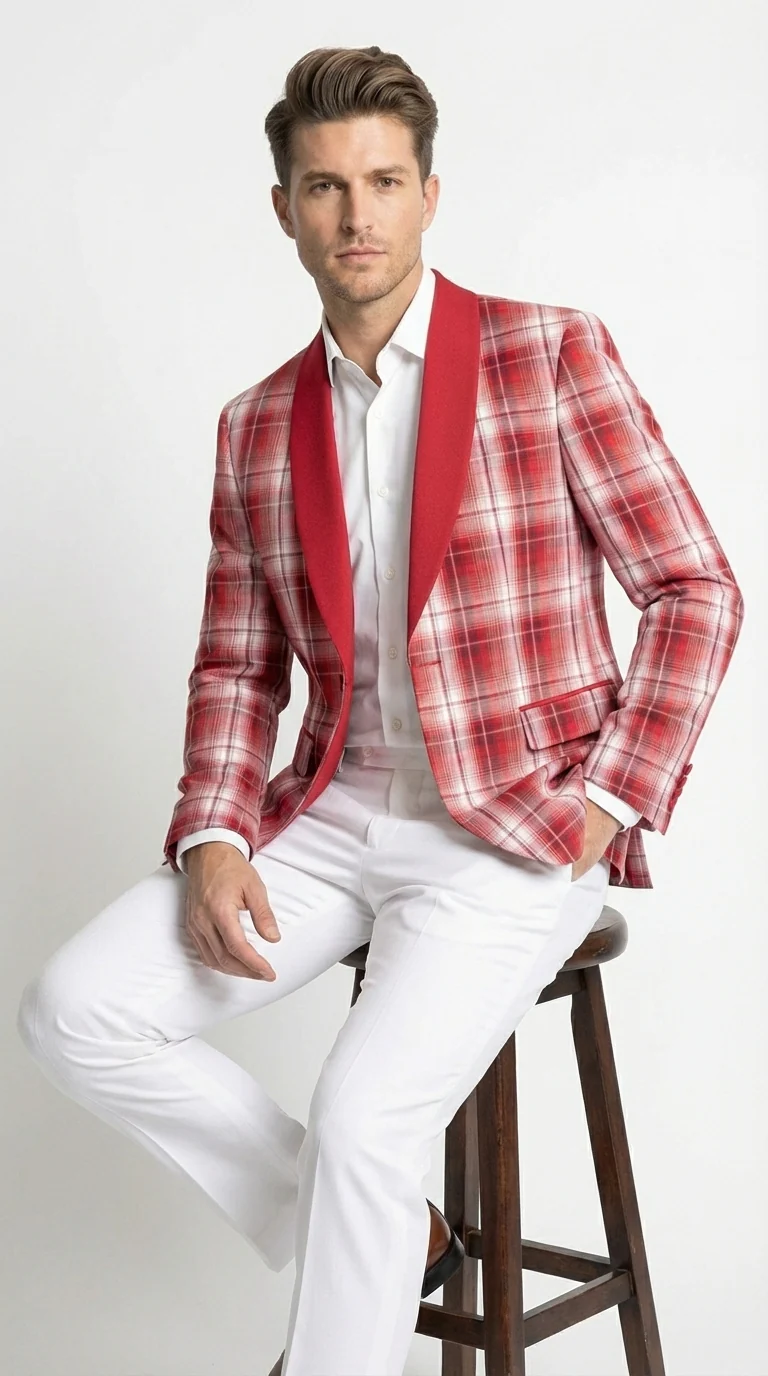 Mens Tartan Red and White Plaid Blazer – Check Pattern Sport Coat Red Shawl Lapel Party Christmas Holiday New Year - Image 8
