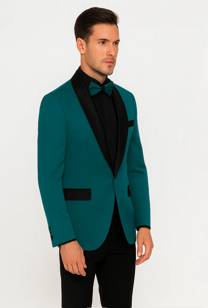 Men's Teal Blue Velvet Tuxedo with Black Satin Lapel and Bow Tie + Black Pants - Image 3