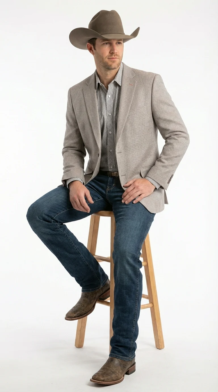 Mens Textured  Light Grey Western Blazer – Cowboy Style Casual Sport Coat for Men Classic Western Jacket - Image 5
