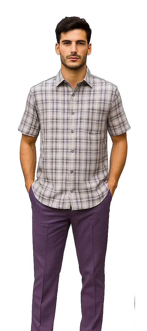 Mens Textured Plaid Walking Suit in Lavender/Off White by Dreams by Zacchi – 2 Piece Leisure Outfit with matching shirt and pant -$99 - Image 5