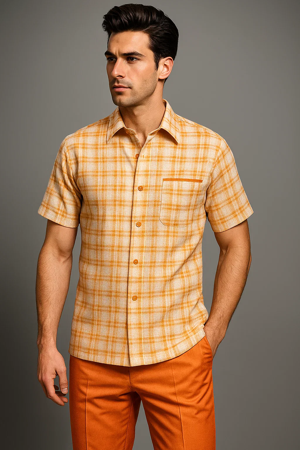 Mens Textured Plaid Walking Suit in Orange/Cream by Dreams by Zacchi β 2 Piece Leisure Outfit with matching shirt and pant -$99