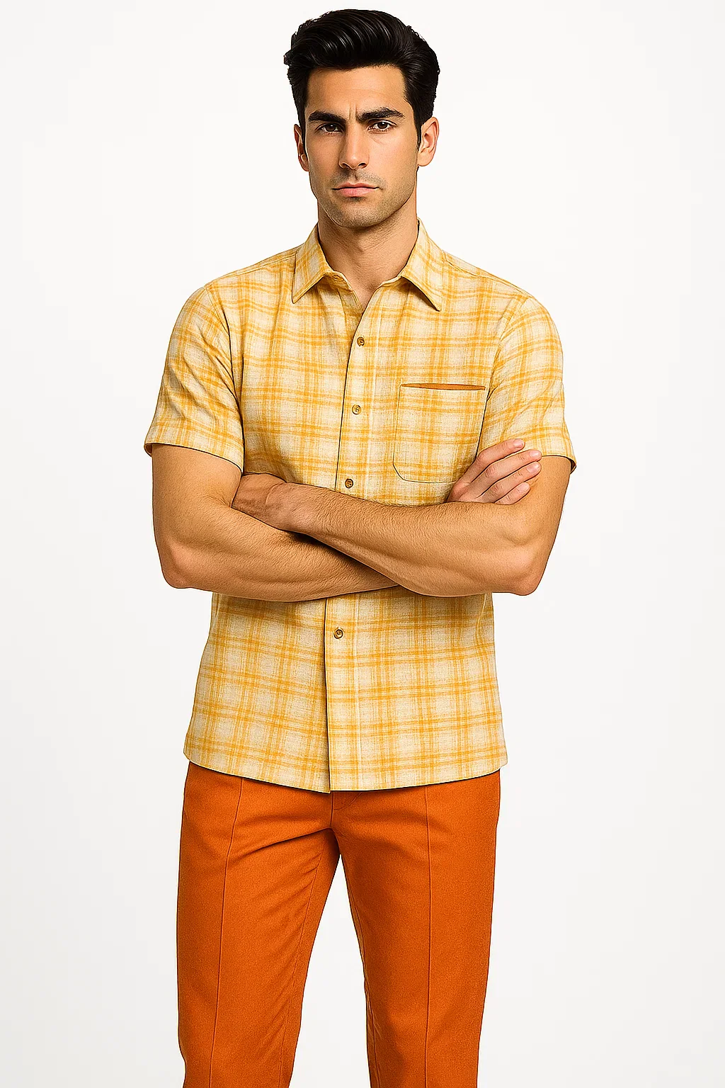 Mens Textured Plaid Walking Suit in Orange/Cream by Dreams by Zacchi β 2 Piece Leisure Outfit with matching shirt and pant -$99 - Image 2