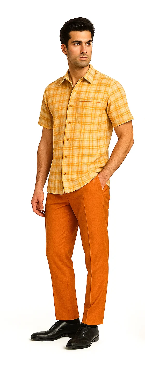 Mens Textured Plaid Walking Suit in Orange/Cream by Dreams by Zacchi β 2 Piece Leisure Outfit with matching shirt and pant -$99 - Image 3