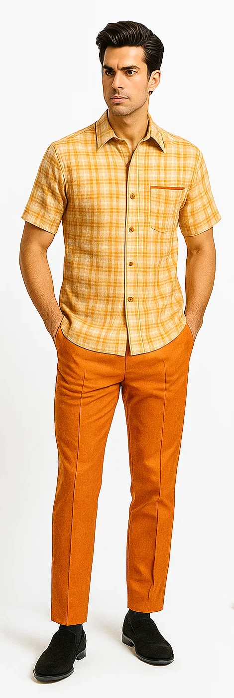 Mens Textured Plaid Walking Suit in Orange/Cream by Dreams by Zacchi β 2 Piece Leisure Outfit with matching shirt and pant -$99 - Image 5