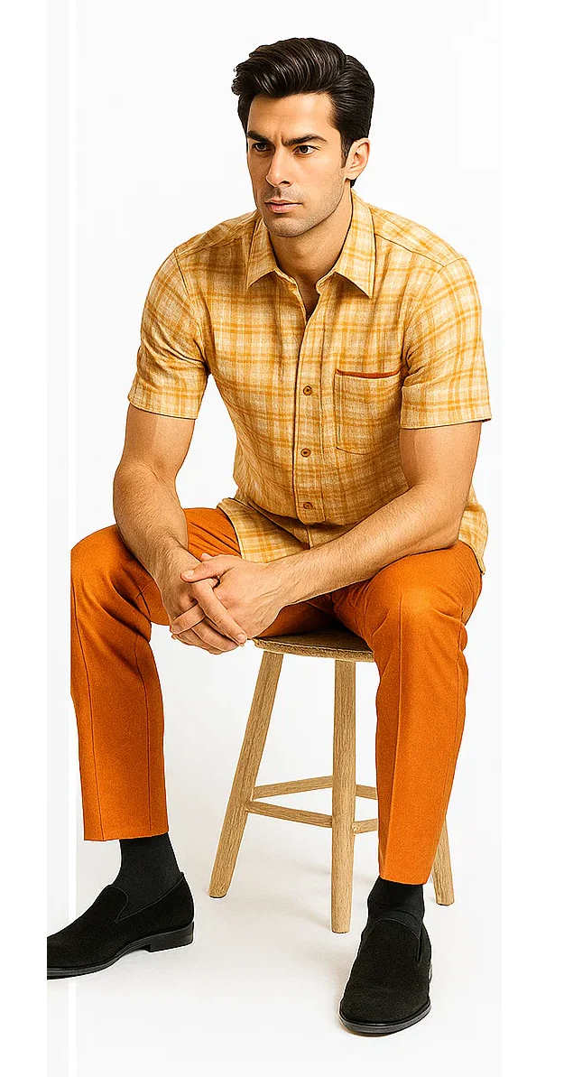 Mens Textured Plaid Walking Suit in Orange/Cream by Dreams by Zacchi β 2 Piece Leisure Outfit with matching shirt and pant -$99 - Image 6