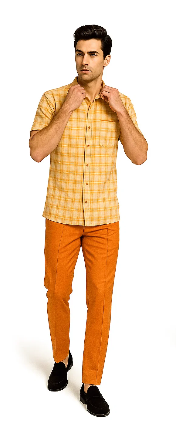 Mens Textured Plaid Walking Suit in Orange/Cream by Dreams by Zacchi β 2 Piece Leisure Outfit with matching shirt and pant -$99 - Image 7