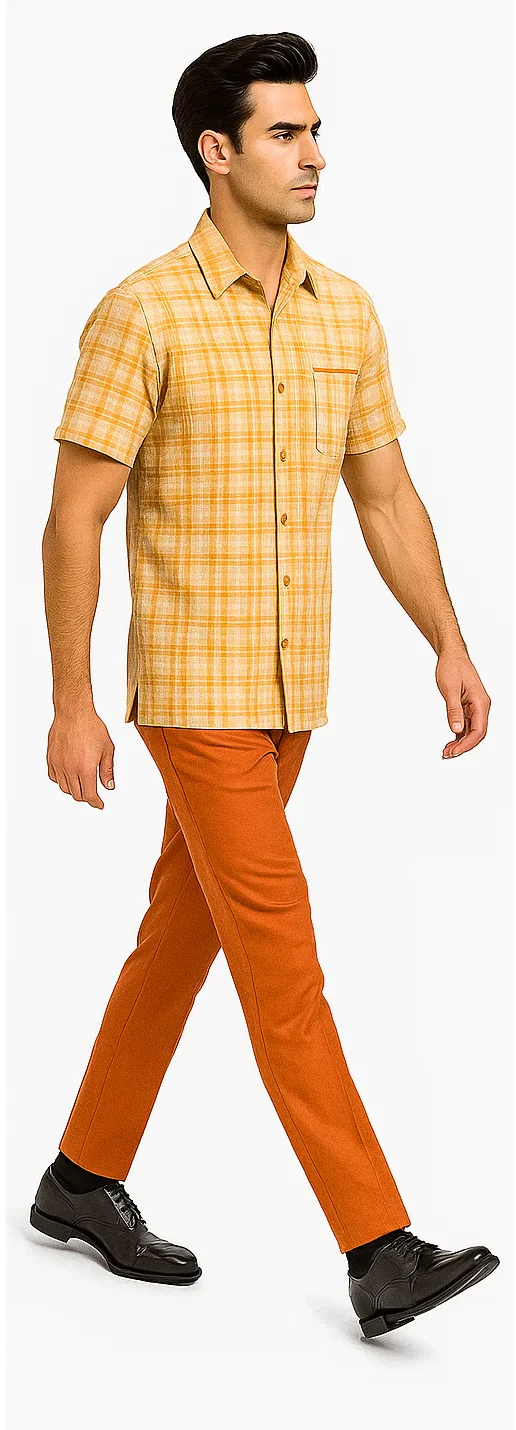 Mens Textured Plaid Walking Suit in Orange/Cream by Dreams by Zacchi β 2 Piece Leisure Outfit with matching shirt and pant -$99 - Image 8