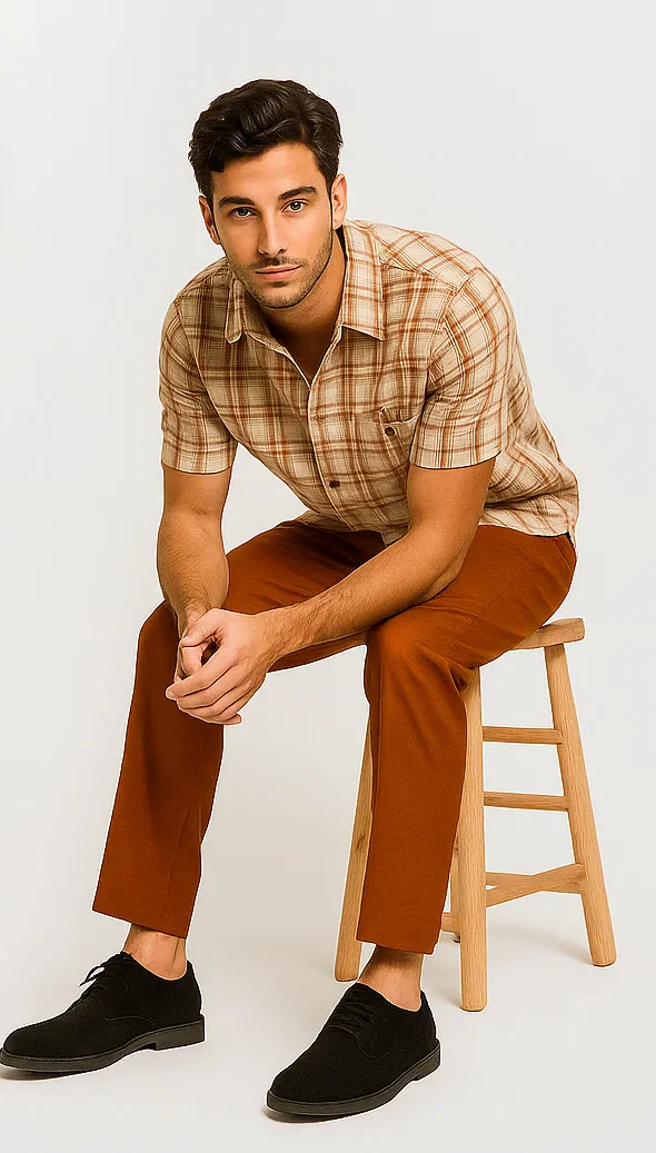 Mens Textured Plaid Walking Suit in Papaya/Cream by Dreams by Zacchi – 2 Piece Leisure Outfit with matching shirt and pant -$99 - Image 6