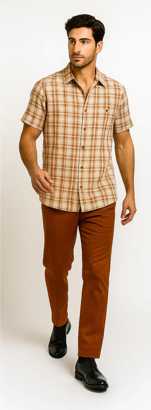 Mens Textured Plaid Walking Suit in Papaya/Cream by Dreams by Zacchi – 2 Piece Leisure Outfit with matching shirt and pant -$99 - Image 8