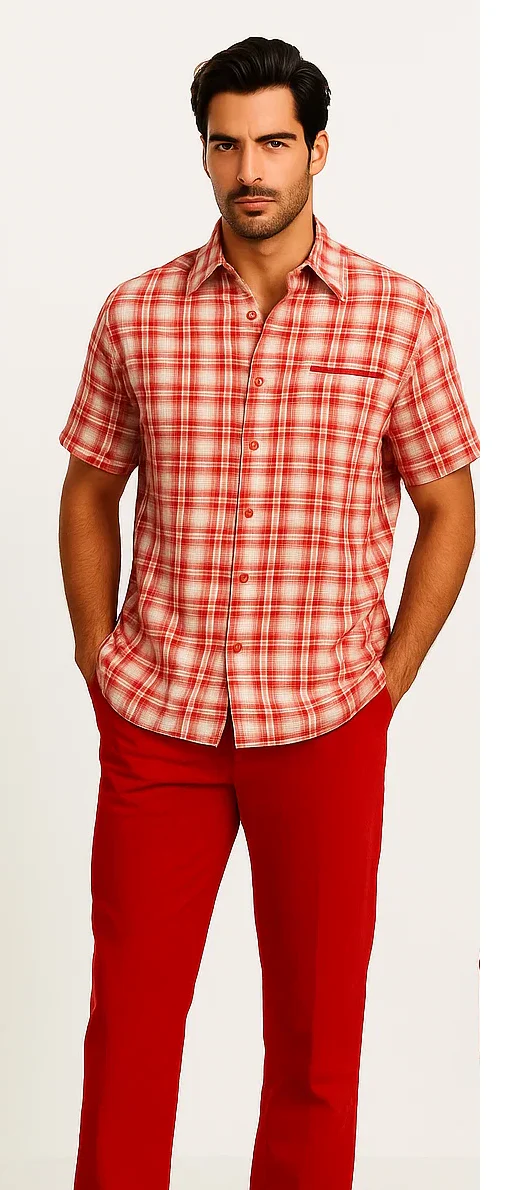 Mens Textured Plaid Walking Suit in Red/Off White by Dreams by Zacchi – 2 Piece Leisure Outfit with matching shirt and pant -$99 - Image 5