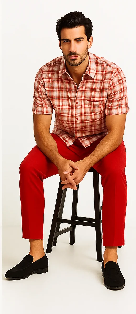 Mens Textured Plaid Walking Suit in Red/Off White by Dreams by Zacchi – 2 Piece Leisure Outfit with matching shirt and pant -$99 - Image 6