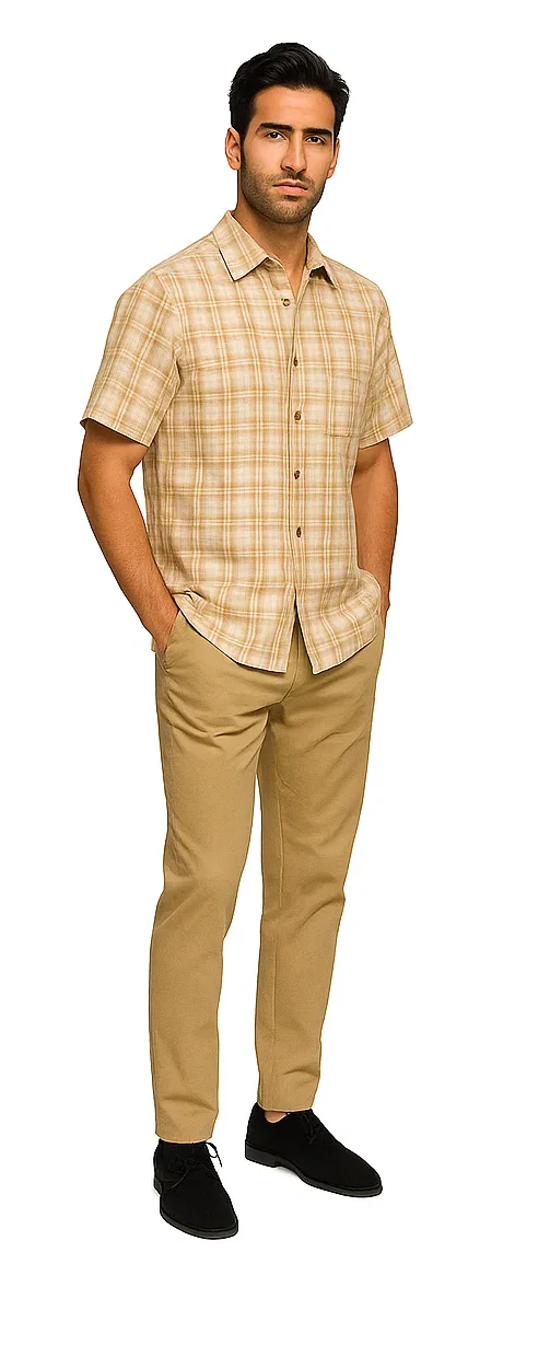 Mens Textured Plaid Walking Suit in tan/cream by Dreams by Zacchi – 2 Piece Leisure Outfit with matching shirt and pant -$99 - Image 3