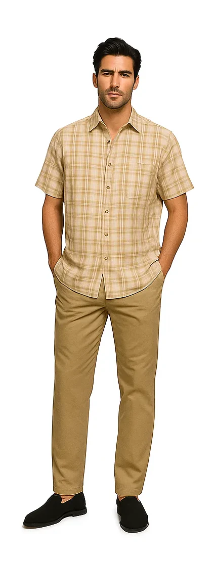 Mens Textured Plaid Walking Suit in tan/cream by Dreams by Zacchi – 2 Piece Leisure Outfit with matching shirt and pant -$99 - Image 5