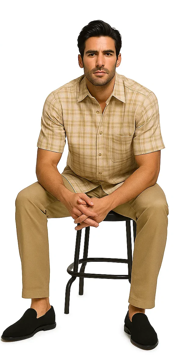 Mens Textured Plaid Walking Suit in tan/cream by Dreams by Zacchi – 2 Piece Leisure Outfit with matching shirt and pant -$99 - Image 6