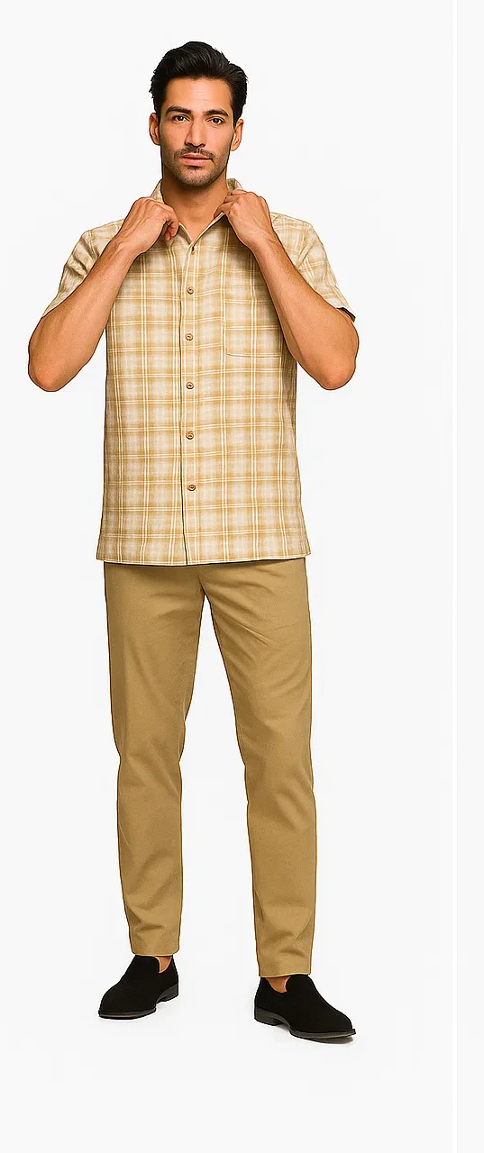 Mens Textured Plaid Walking Suit in tan/cream by Dreams by Zacchi – 2 Piece Leisure Outfit with matching shirt and pant -$99 - Image 7