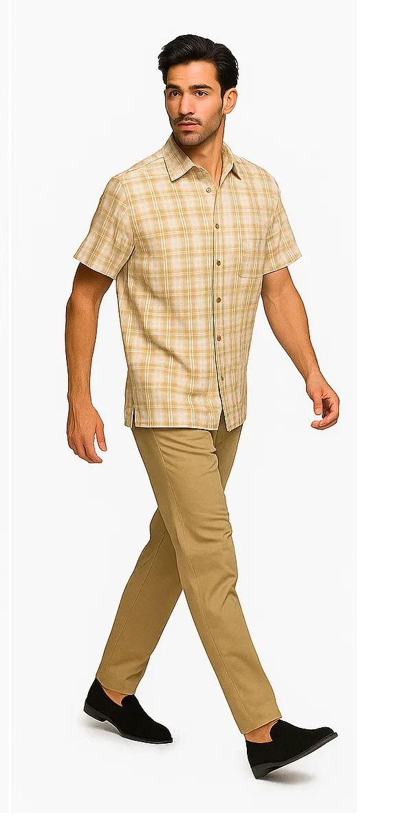 Mens Textured Plaid Walking Suit in tan/cream by Dreams by Zacchi – 2 Piece Leisure Outfit with matching shirt and pant -$99 - Image 8