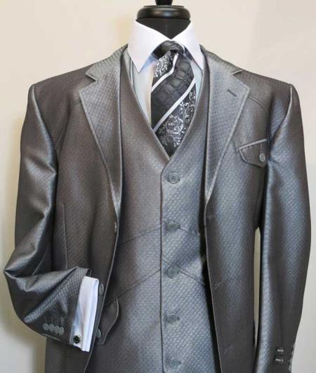Men's Three Button  Vested Suit Jacket With Flap Pocket Silver Grey