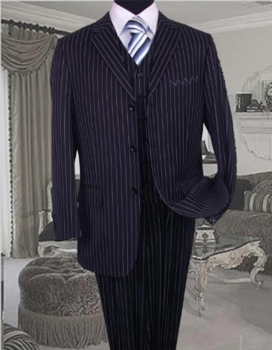 Mens Three Piece Suit - Vested Suit Navy Bold Chalk Pronounce 3 Piece 3 BUTTONS Suit