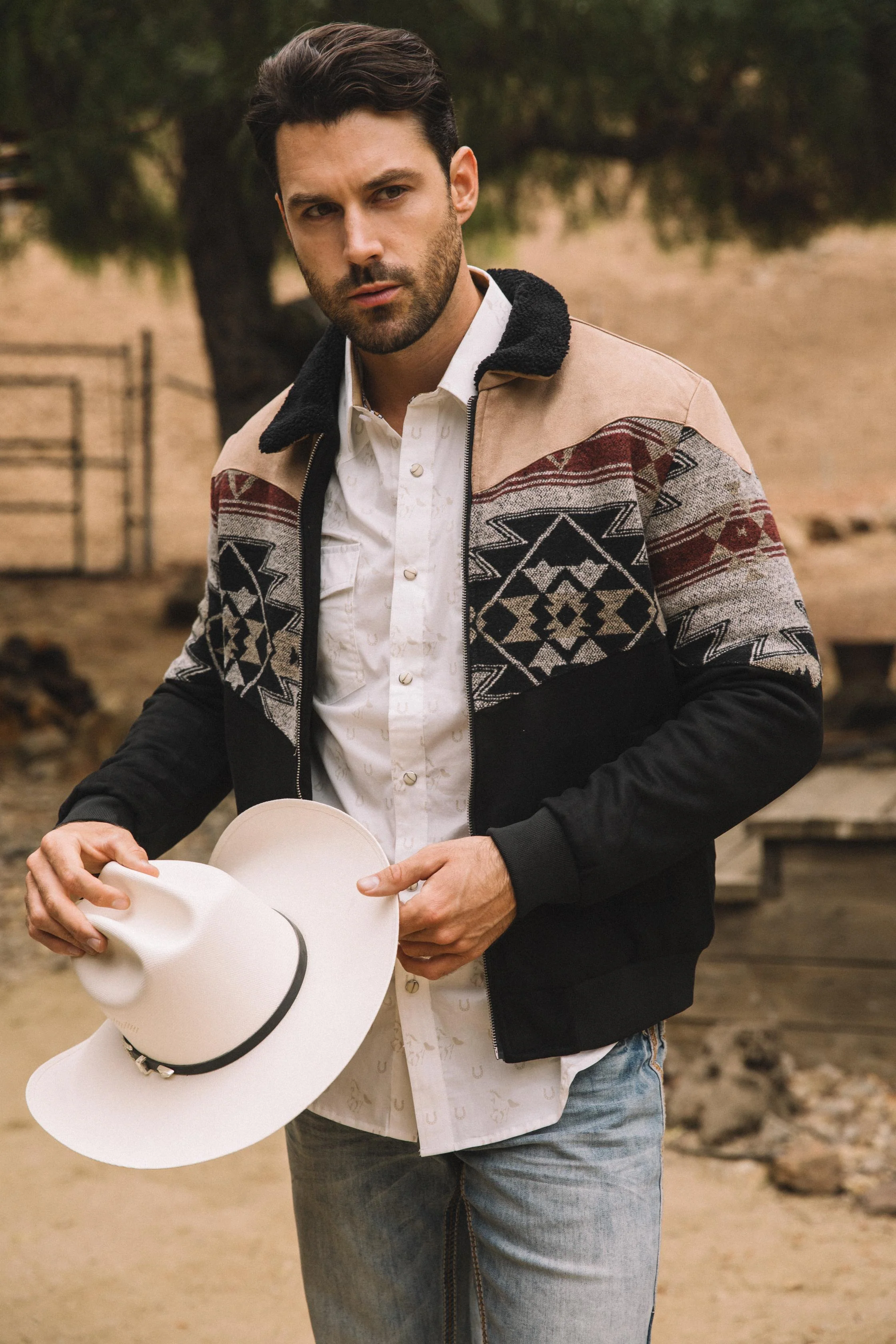Men’s Tribal Aztec Quilted Jacket – Black & Beige Twill with Suede Touch - Image 3