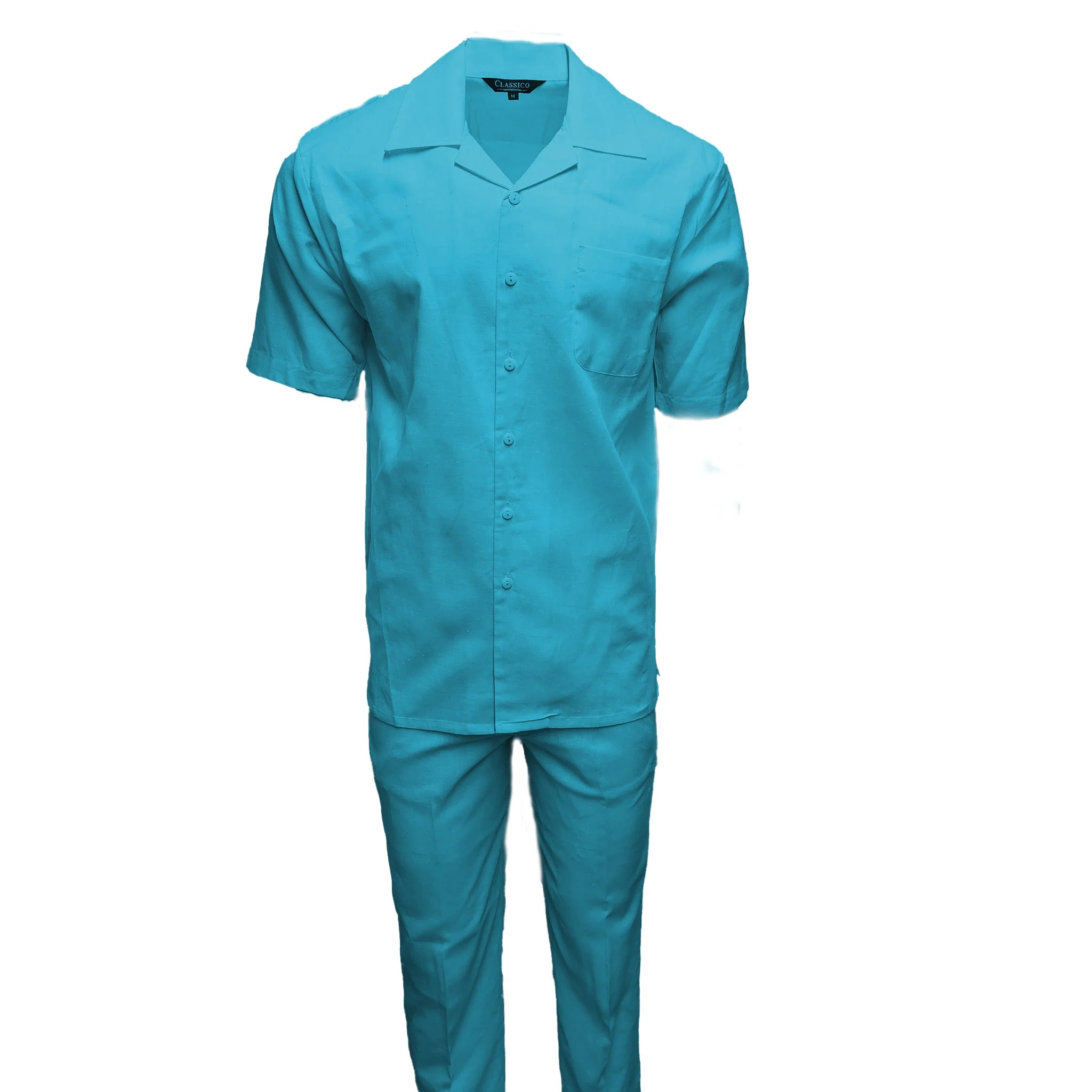 Mens Turquoise Linen Shirt and Pants Casual Outfit Set - Image 2