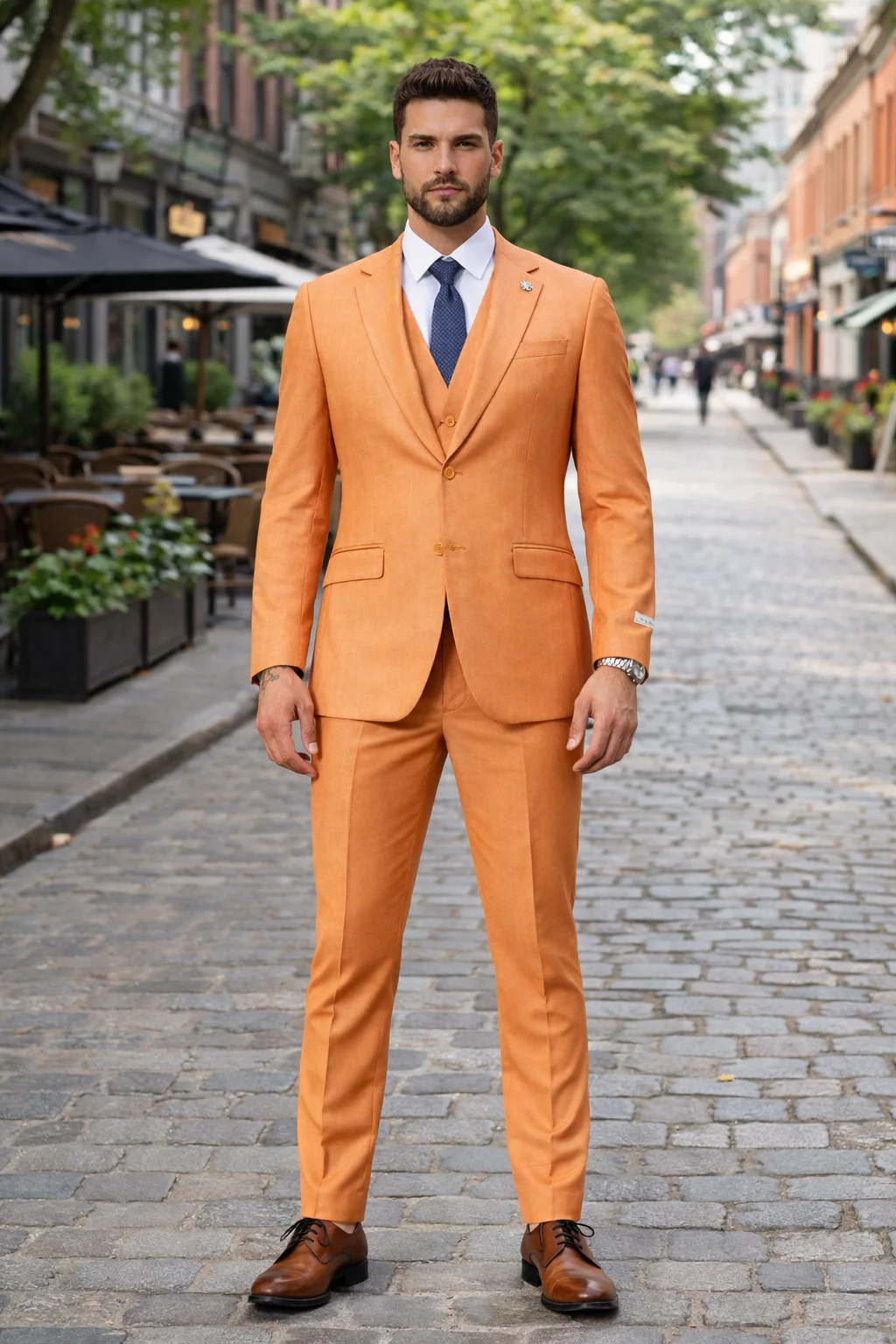 Mens Two Button Notch Lapel Fancy Vested Suit in Orange - Image 3