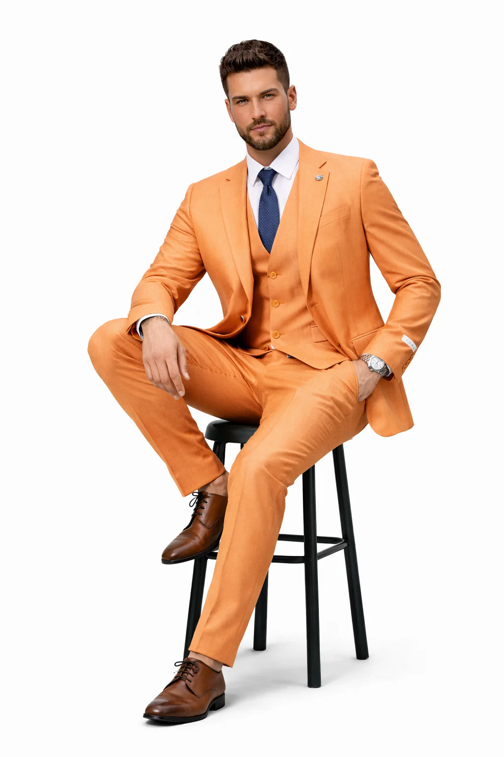 Mens Two Button Notch Lapel Fancy Vested Suit in Orange - Image 5